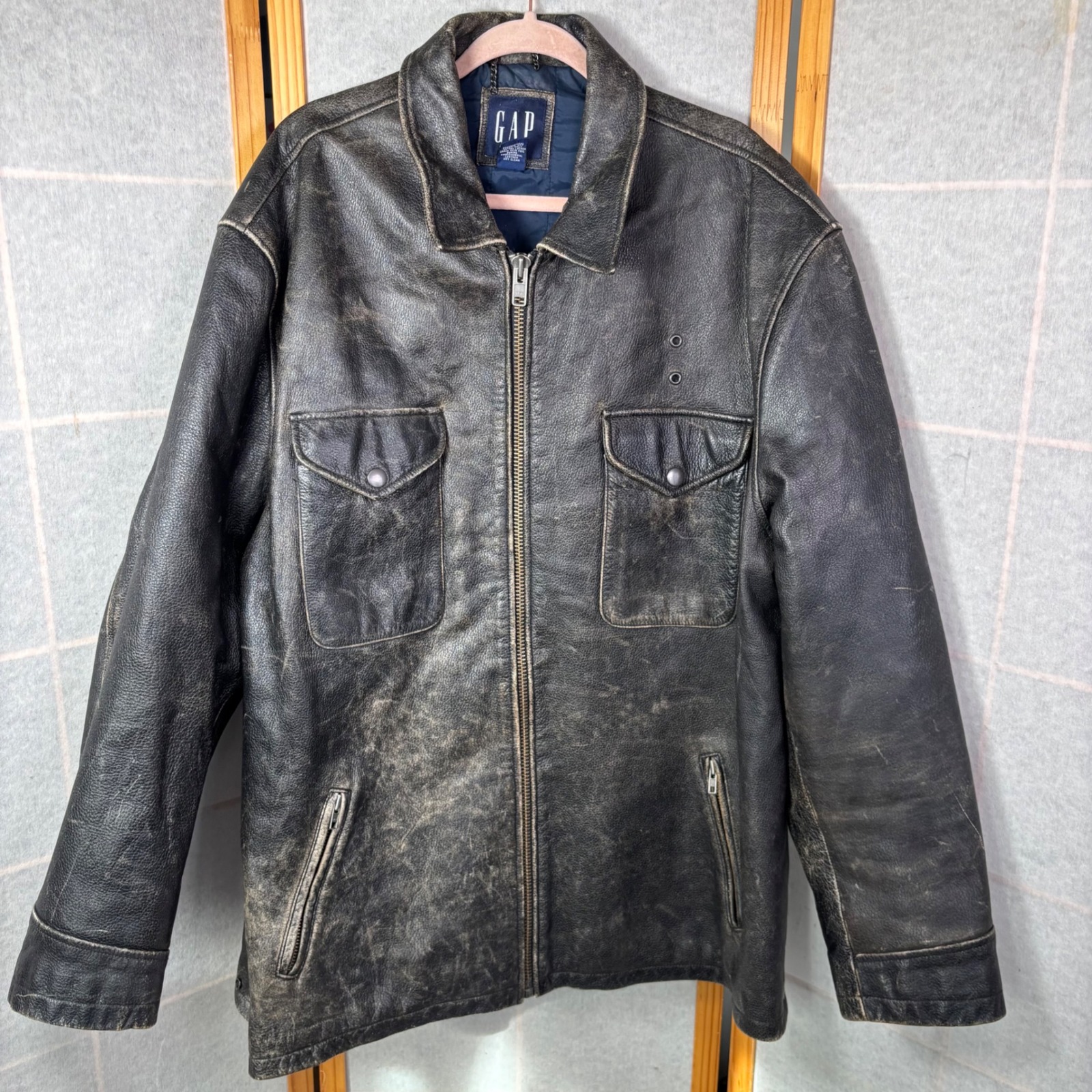 Gap Leather Jacket Xxl Black Distressed Vintage Full Zip Quilted Lined Moto